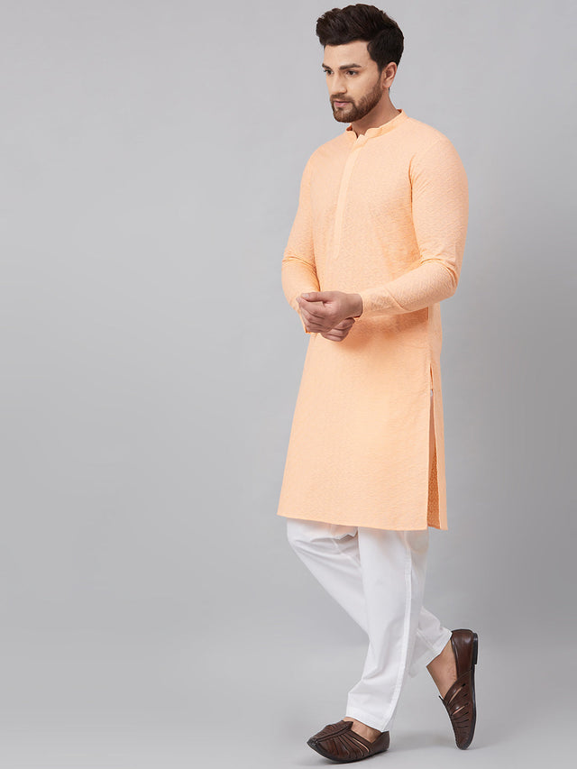 Buy Men's Peach Cotton Chikankari Embroidered Straight Kurta Online - Front