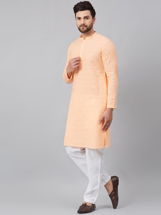 Buy Men's Peach Cotton Chikankari Embroidered Kurta Pajama Set Online - Front