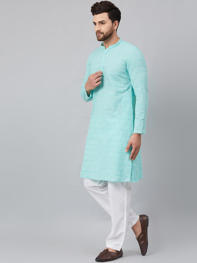 Buy Men's Turquoise Blue Cotton Chikankari Embroidered Kurta Pajama Set Online - Front