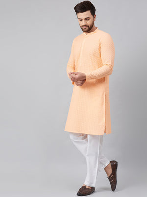 Buy Men's Peach Cotton Chikankari Embroidered Kurta Pajama Set Online - Front