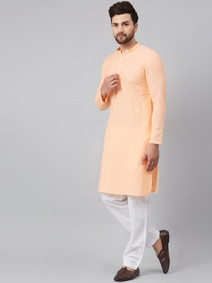 Buy Men's Peach Cotton Chikankari Embroidered Kurta Pajama Set Online - Front