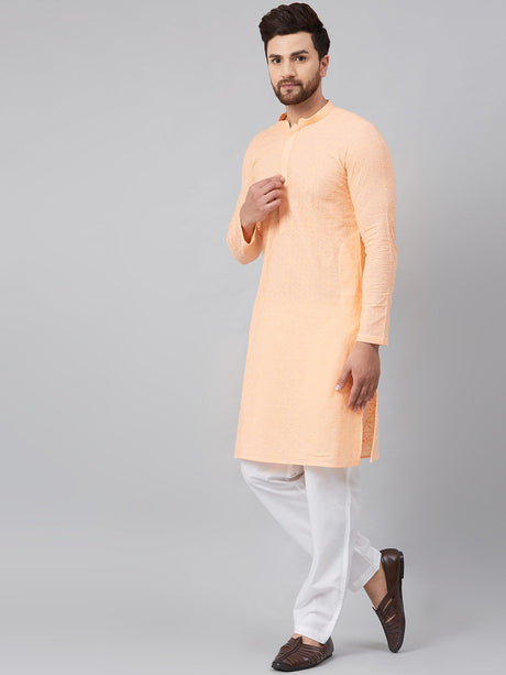 Buy Men's Peach Cotton Chikankari Embroidered Kurta Pajama Set Online - Front