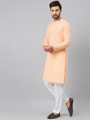Buy Men's Peach Cotton Chikankari Embroidered Straight Kurta Online