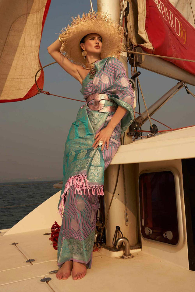 Cyan Satin Nylon Two Tone Weaving Saree