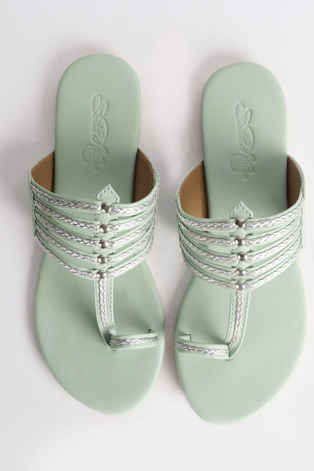 Buy Soft Faux Leather Kolapuri Flats In Sea Green And Silver