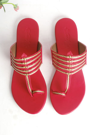Buy Soft Faux Leather Kolapuri Flats In Red And Gold