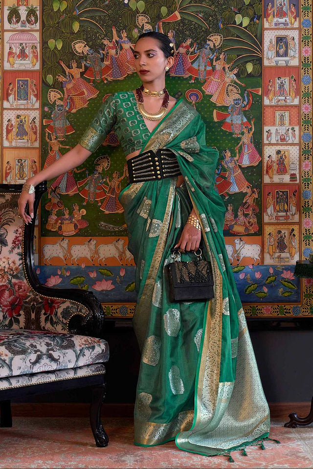 Green Two Tone Handloom Weaving Organza Saree