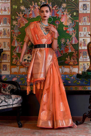 Orange Two Tone Handloom Weaving Organza Saree
