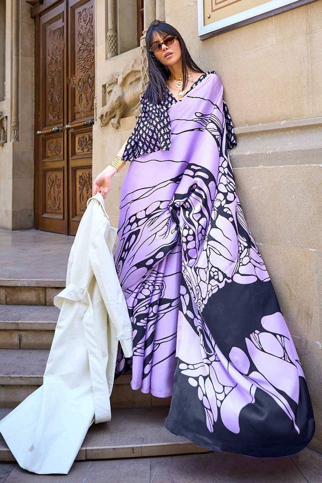 Purple Printed Satin Crepe Saree