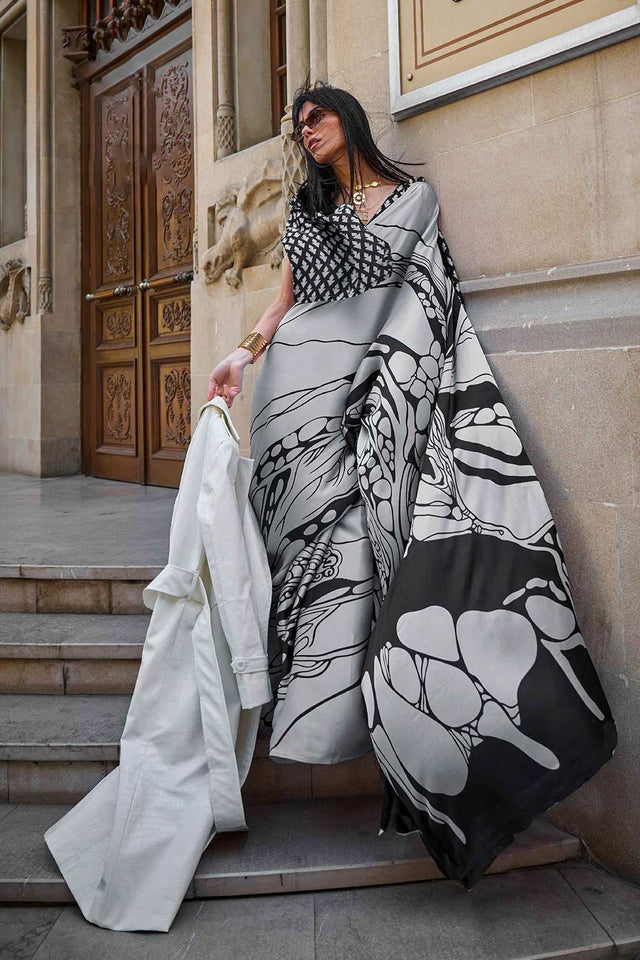 Grey Printed Satin Crepe Saree