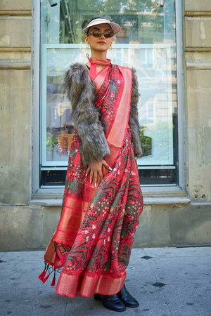 Red Printed Satin Organza Saree