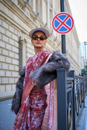 Purple Printed Satin Organza Saree