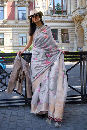 Grey Printed Satin Organza Saree