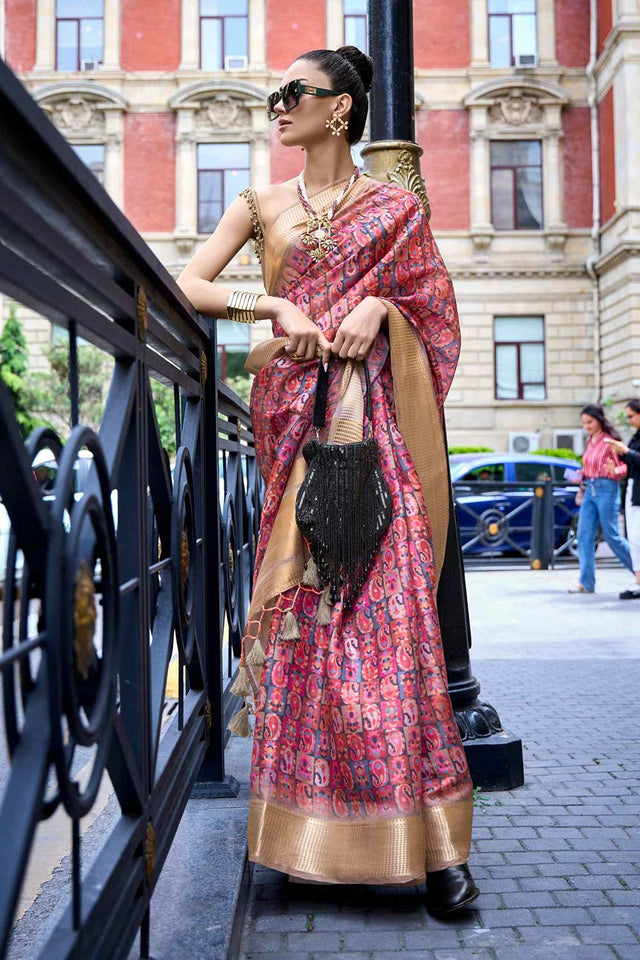 Pink Printed Satin Organza Saree