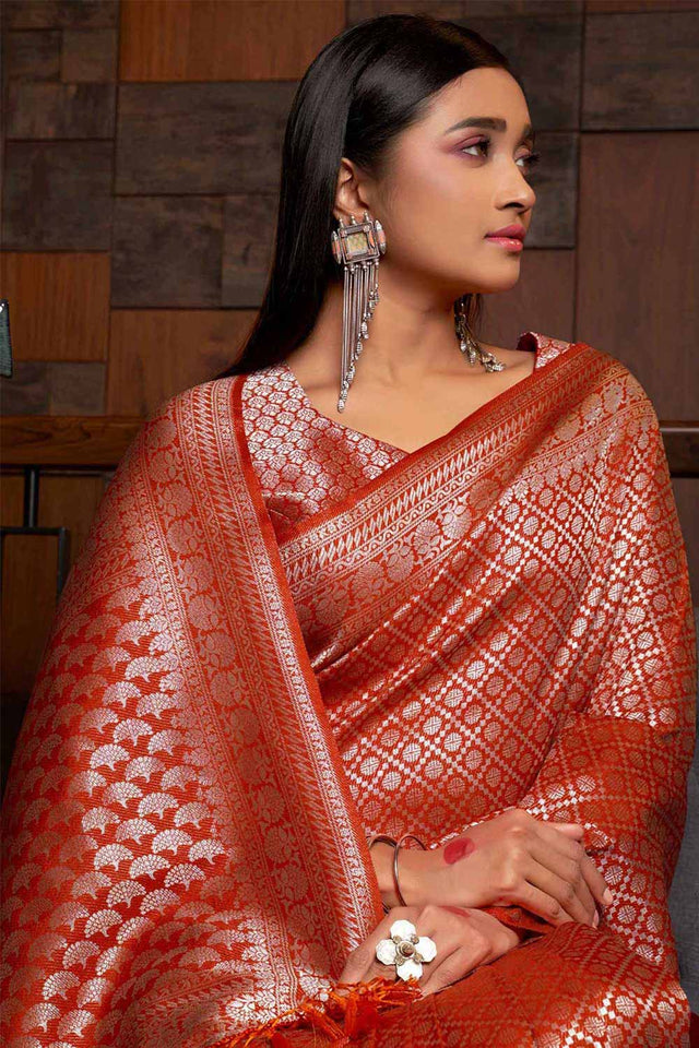 Orange Kanchipuram Raw Silk Woven Saree ('337)