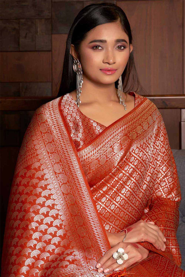 Orange Kanchipuram Raw Silk Woven Saree ('337)