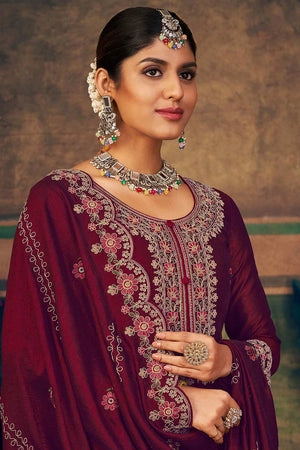 Maroon Pure Silk Embroidered Straight Cut Suit Set