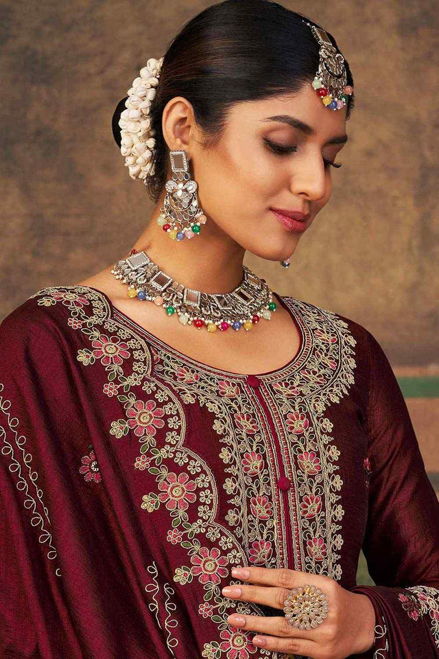 Maroon Pure Silk Embroidered Straight Cut Suit Set