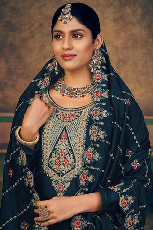 Navy Blue Pure Silk Embroidered Straight Cut Suit Set
