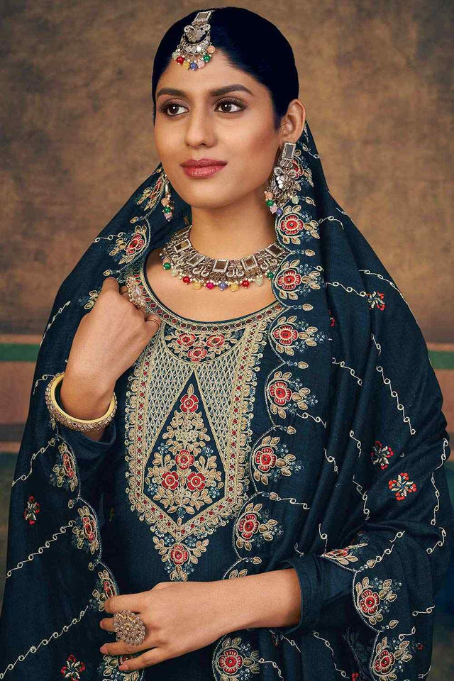 Navy Blue Pure Silk Embroidered Straight Cut Suit Set