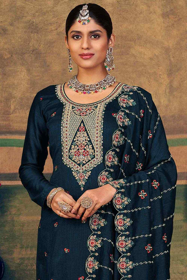 Navy Blue Pure Silk Embroidered Straight Cut Suit Set