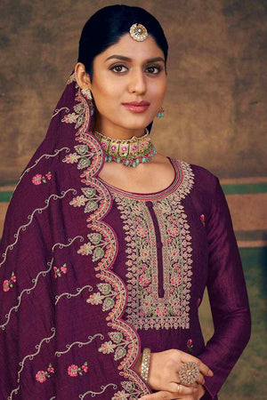 Burgundy Pure Silk Embroidered Straight Cut Suit Set