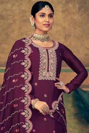 Burgundy Pure Silk Embroidered Straight Cut Suit Set