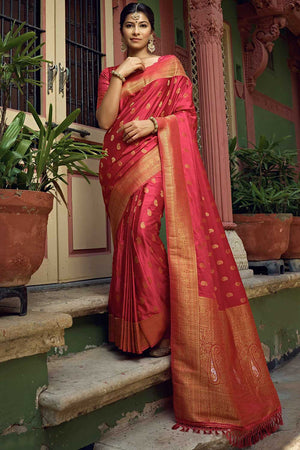 Red Satin Silk Woven Saree ('383)