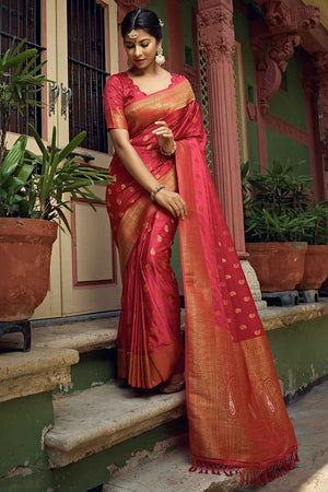 Red Satin Silk Woven Saree ('383)