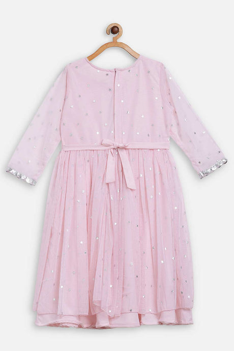 Buy Girl Polyester Foil Printed Dress in Pink Online - Front