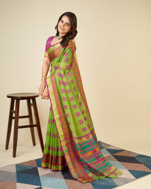 Green Semi Cotton Doriya Saree