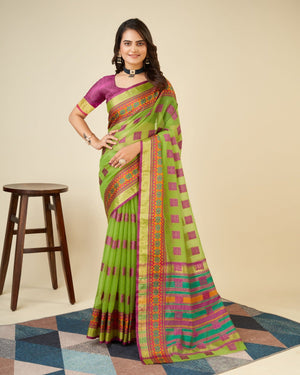 Green Semi Cotton Doriya Saree