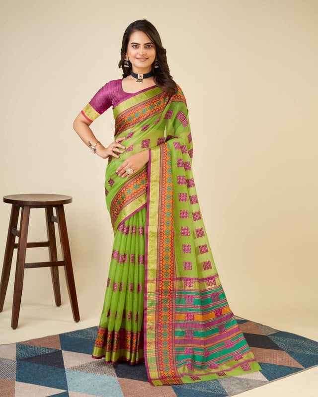 Green Semi Cotton Doriya Saree