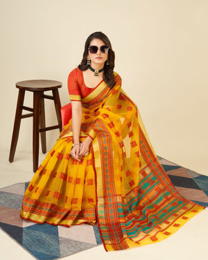 Yellow Semi Cotton Doriya Saree
