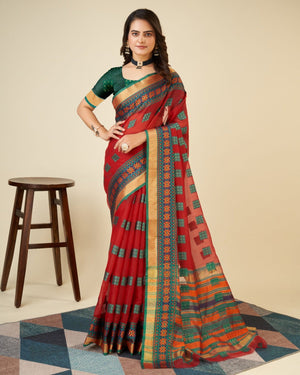 Red Semi Cotton Doriya Saree