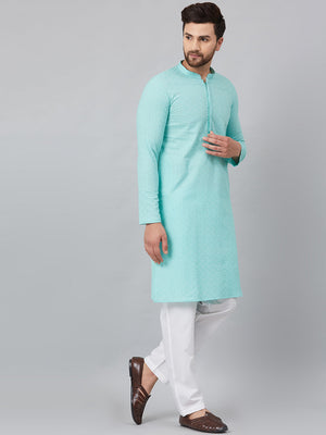 Buy Men's Lime Green Cotton Chikankari Embroidered Straight Kurta Online - Side