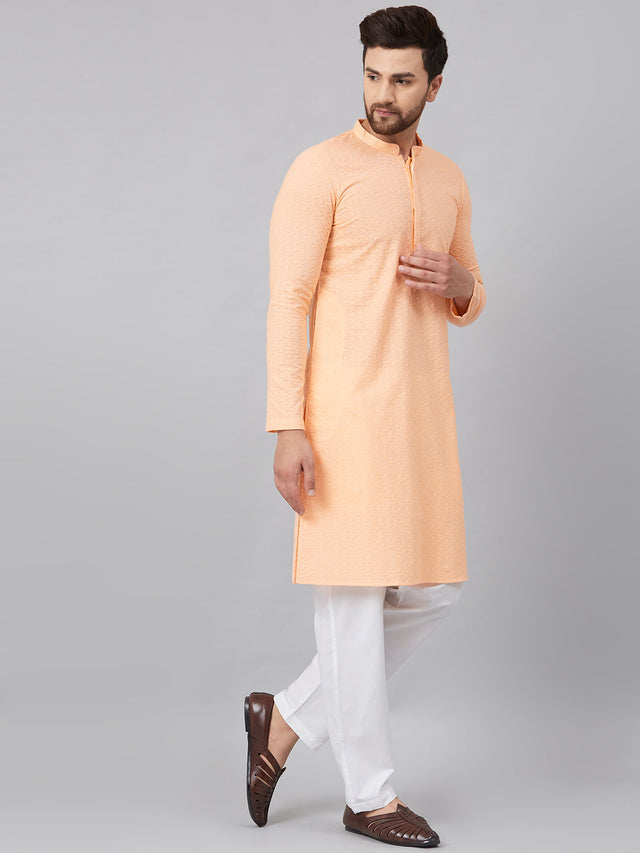 Buy Men's Peach Cotton Chikankari Embroidered Straight Kurta Online - Side