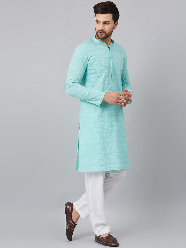 Buy Men's Turquoise Blue Cotton Chikankari Embroidered Kurta Pajama Set Online - Zoom In