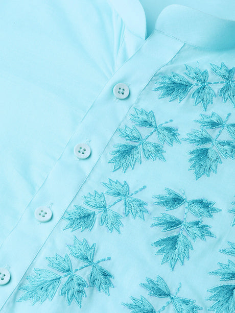 Buy Men's Turquoise Blue Cotton Thread Work Embroidered Straight Kurta Online - Zoom In