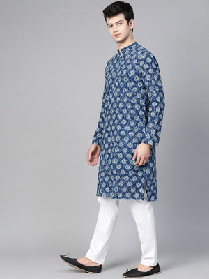 Buy Men's Blue Cotton Tie-And-Dye Block Prints Kurta Pajama Set Online - Back