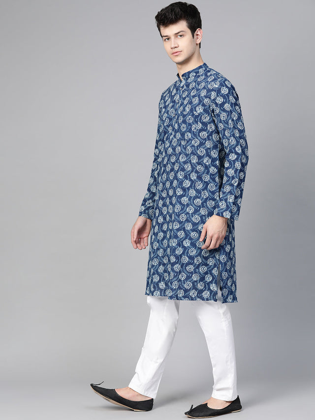 Buy Men's Blue Cotton Tie-And-Dye Block Prints Kurta Pajama Set Online - Back