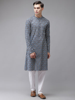Buy Men's Blue Cotton Printed Straight Kurta Online - Front