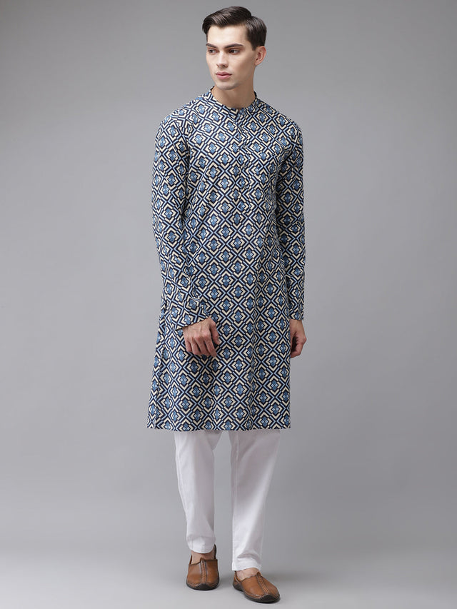 Buy Men's Blue Cotton Printed Straight Kurta Online - Front