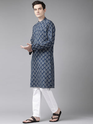 Buy Men's Blue Cotton Printed Straight Kurta Online - Front