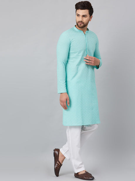 Buy Men's Turquoise Blue Cotton Chikankari Embroidered Kurta Pajama Set Online - Zoom In