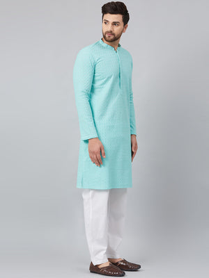 Buy Men's Turquoise Blue Cotton Chikankari Embroidered Kurta Pajama Set Online - Zoom In