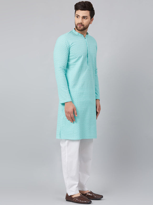 Buy Men's Turquoise Blue Cotton Chikankari Embroidered Kurta Pajama Set Online - Zoom In