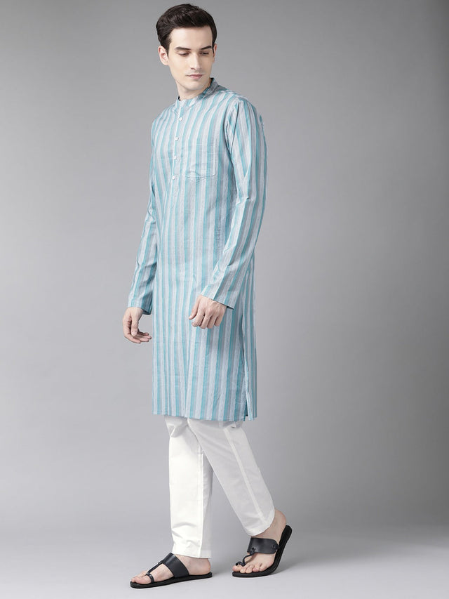 Buy Men's Multi Cotton Stripe Printed Straight Kurta Online - Front