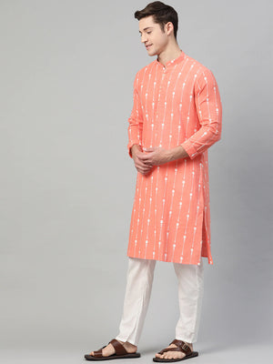 Buy Men's Peach Cotton Printed Kurta Pajama Set Online - Side