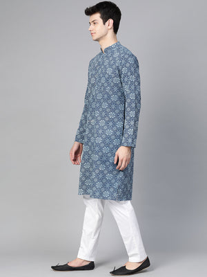 Buy Men's Blue Cotton Tie-And-Dye Block Prints Kurta Pajama Set Online - Zoom In